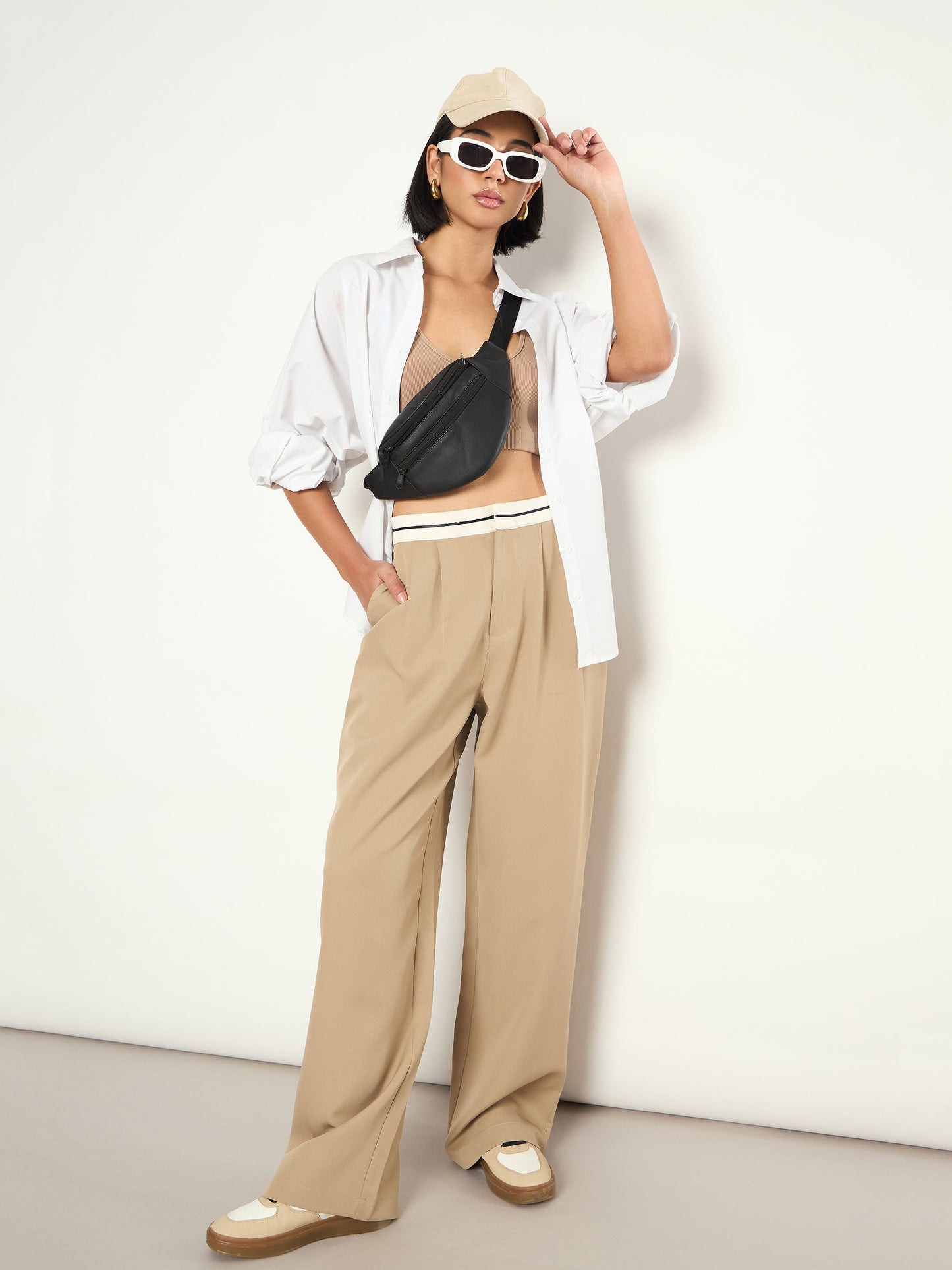 Women Beige Front Pleated Wide Leg Korean Pants