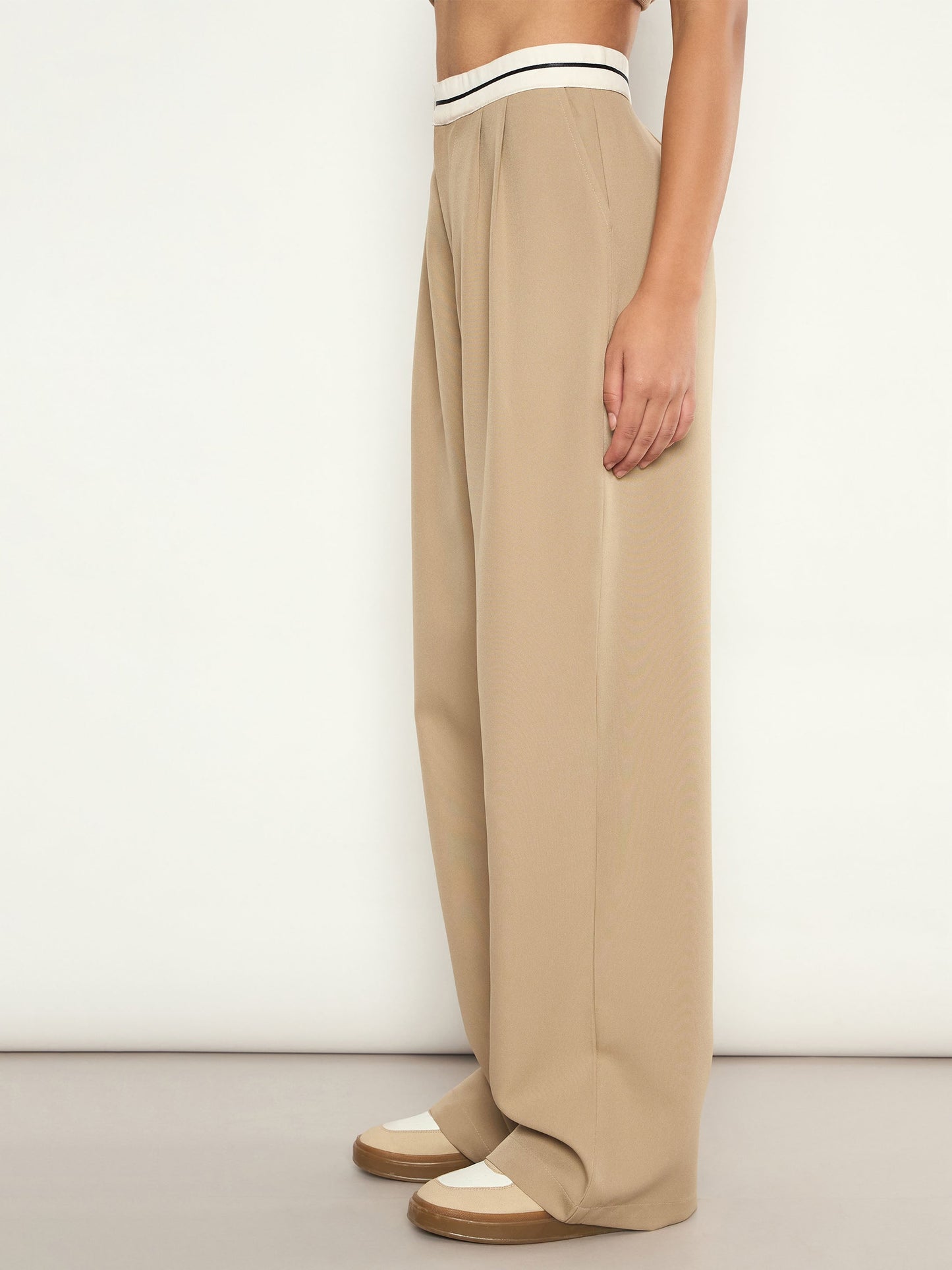 Women Beige Front Pleated Wide Leg Korean Pants
