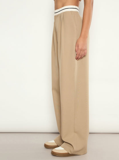 Women Beige Front Pleated Wide Leg Korean Pants