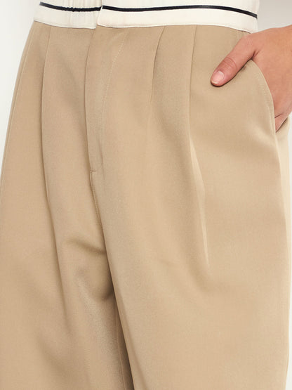 Women Beige Front Pleated Wide Leg Korean Pants