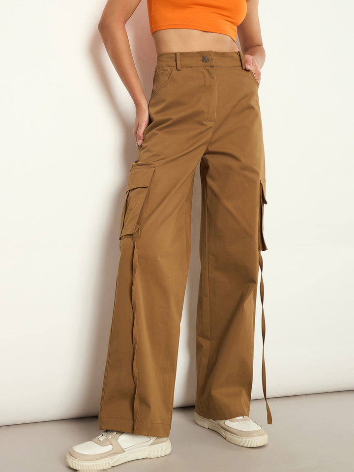 Women Brown Pocket Loop Detail Cargo Pants