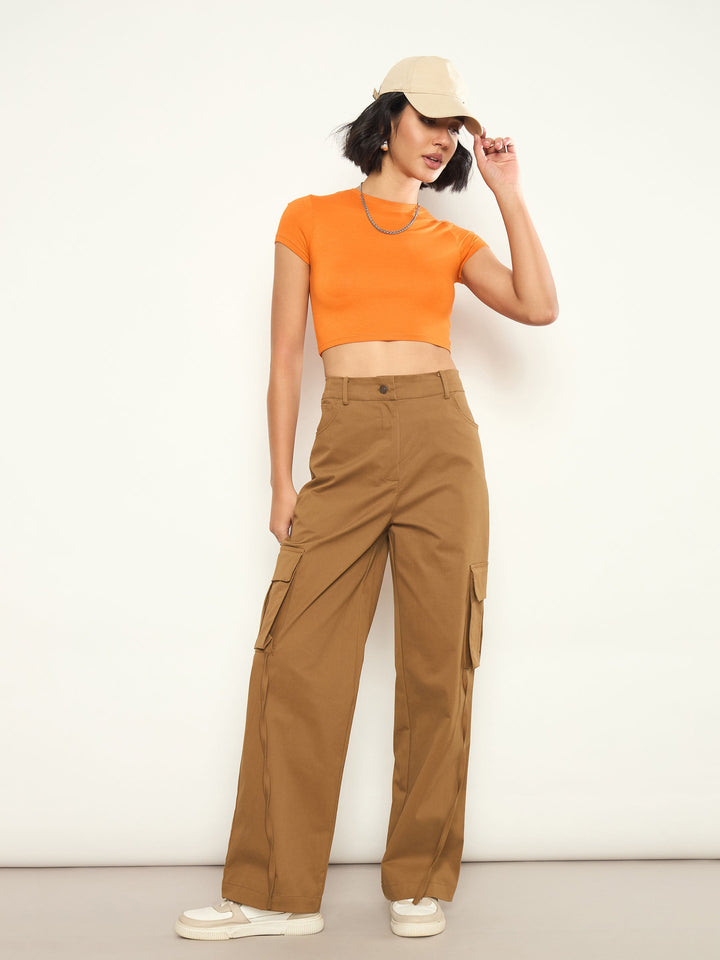 Women Brown Pocket Loop Detail Cargo Pants