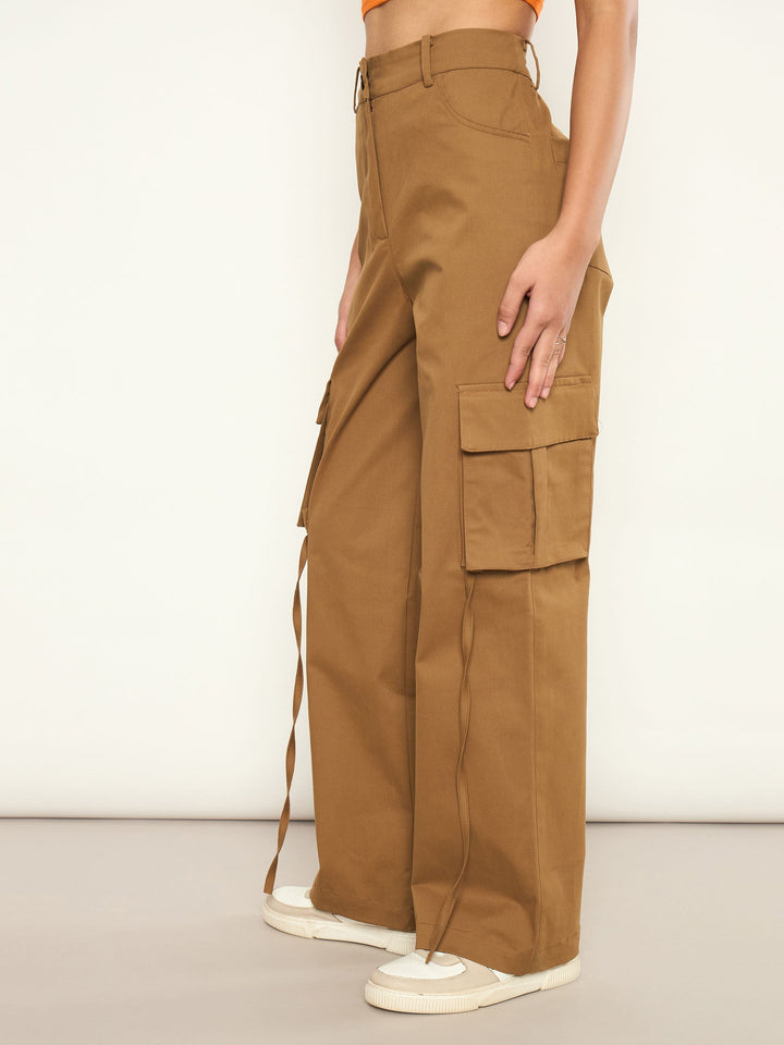 Women Brown Pocket Loop Detail Cargo Pants