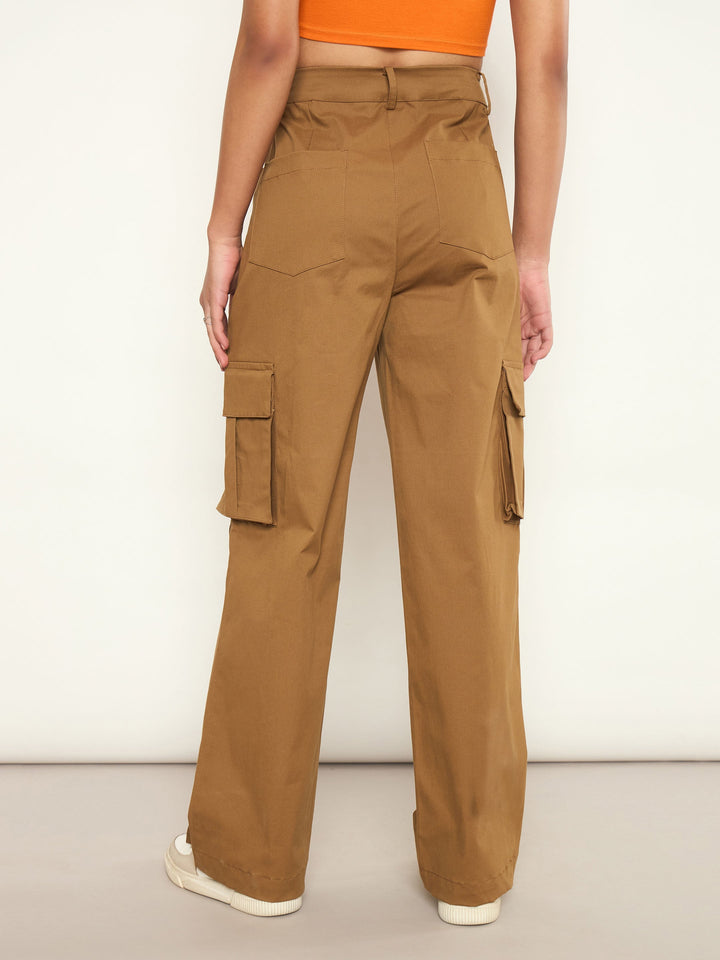 Women Brown Pocket Loop Detail Cargo Pants
