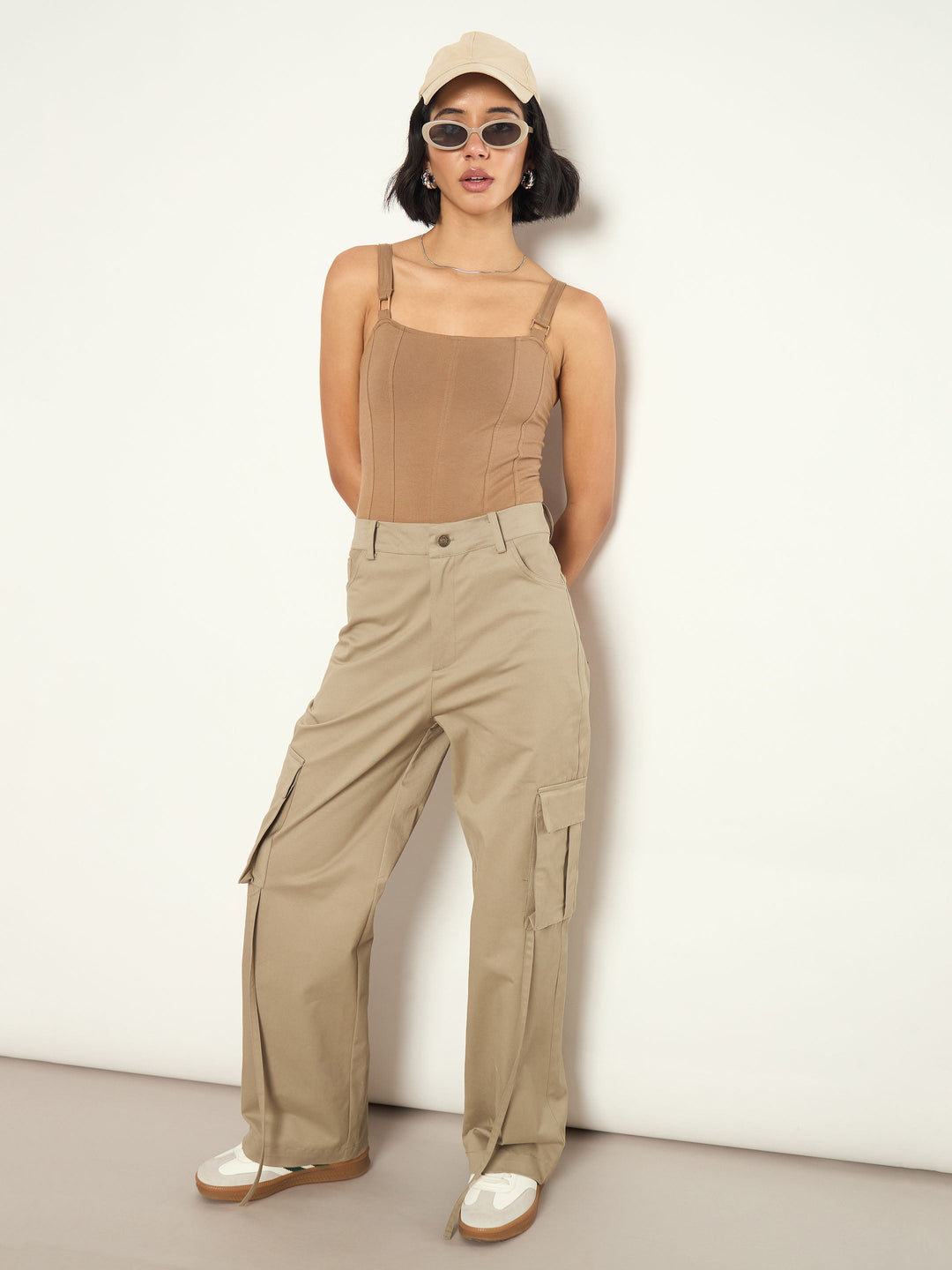 Women Beige Pocket Loop Detail Cargo Pants