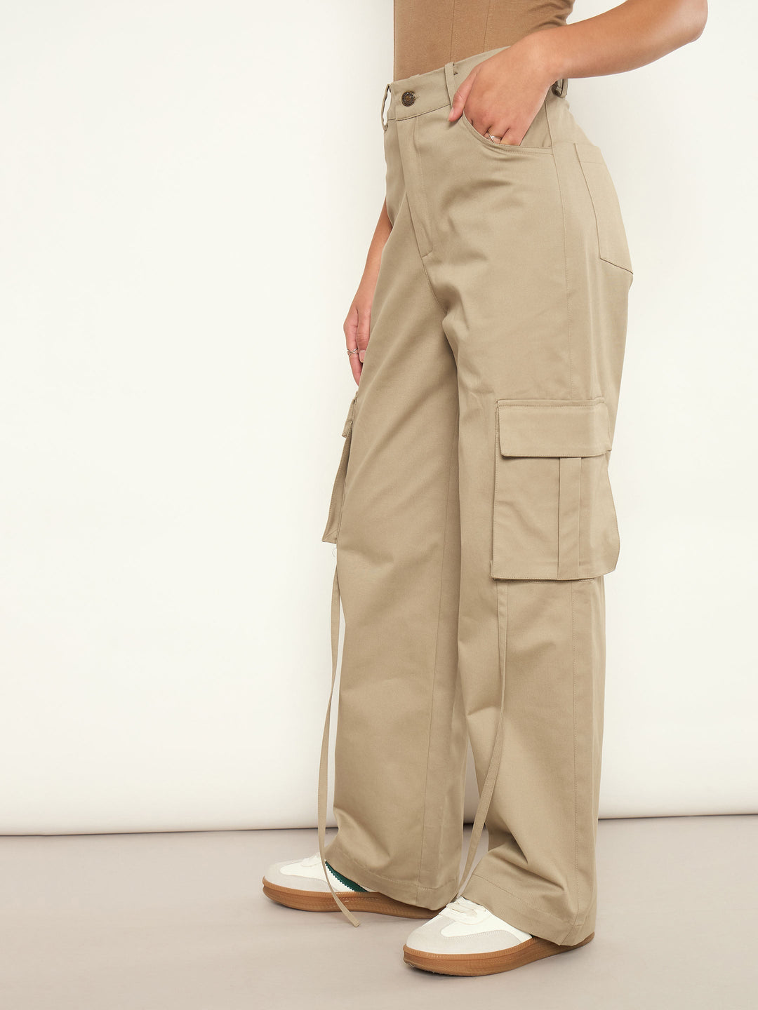 Women Beige Pocket Loop Detail Cargo Pants