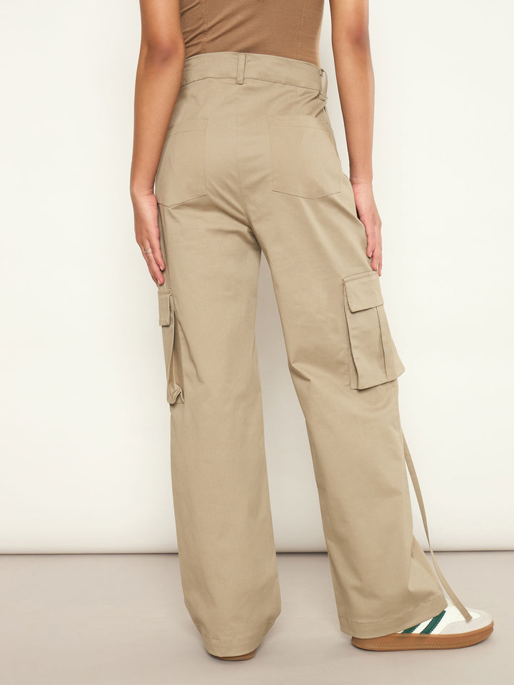 Women Beige Pocket Loop Detail Cargo Pants