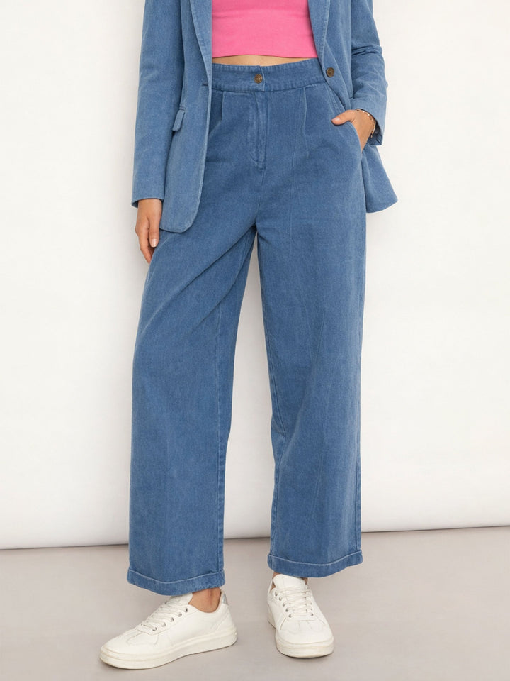 Women Blue Overdyed Twill Straight Pants