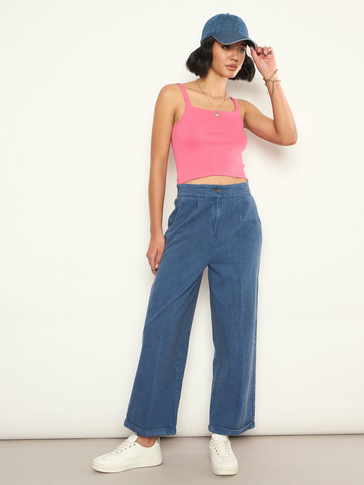 Women Blue Overdyed Twill Straight Pants