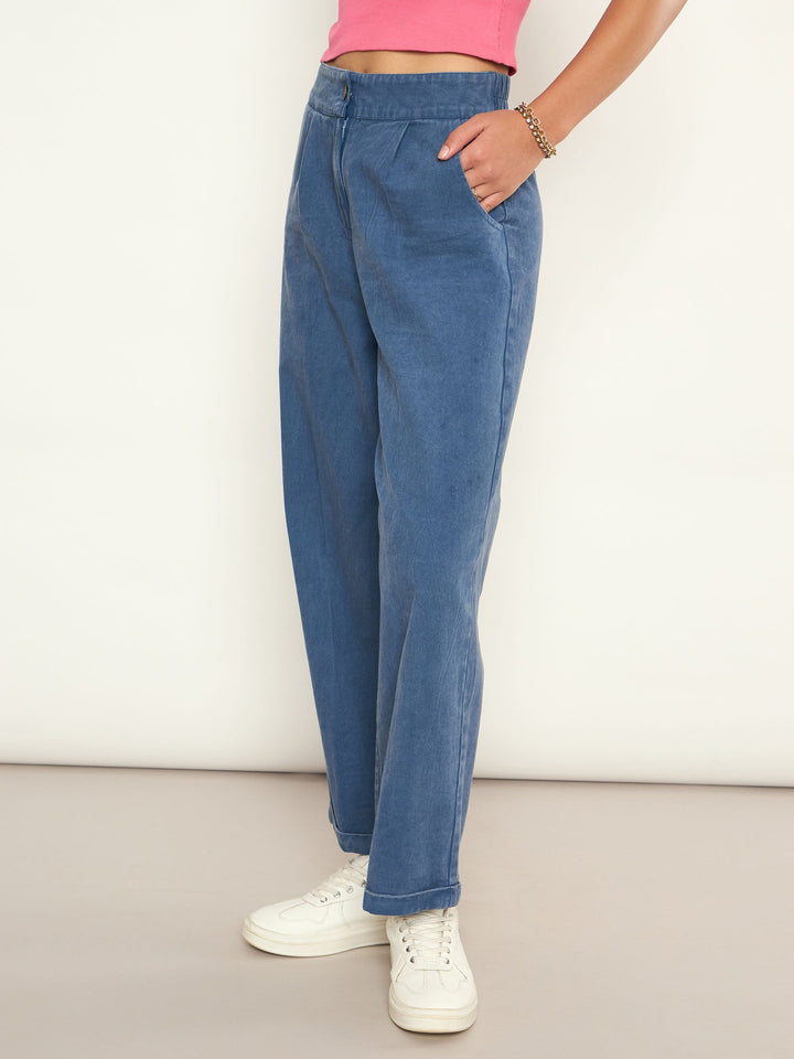 Women Blue Overdyed Twill Straight Pants