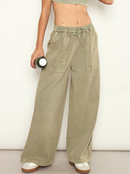 Women Olive Overdyed Elasticated Straight Pants