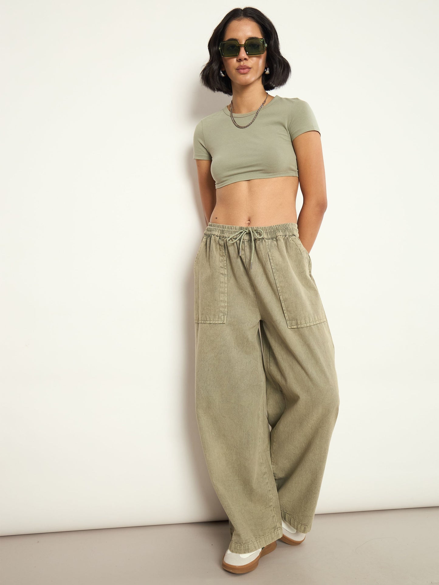 Women Olive Overdyed Elasticated Straight Pants
