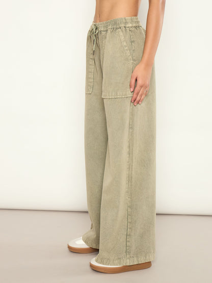 Women Olive Overdyed Elasticated Straight Pants