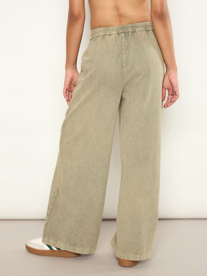Women Olive Overdyed Elasticated Straight Pants