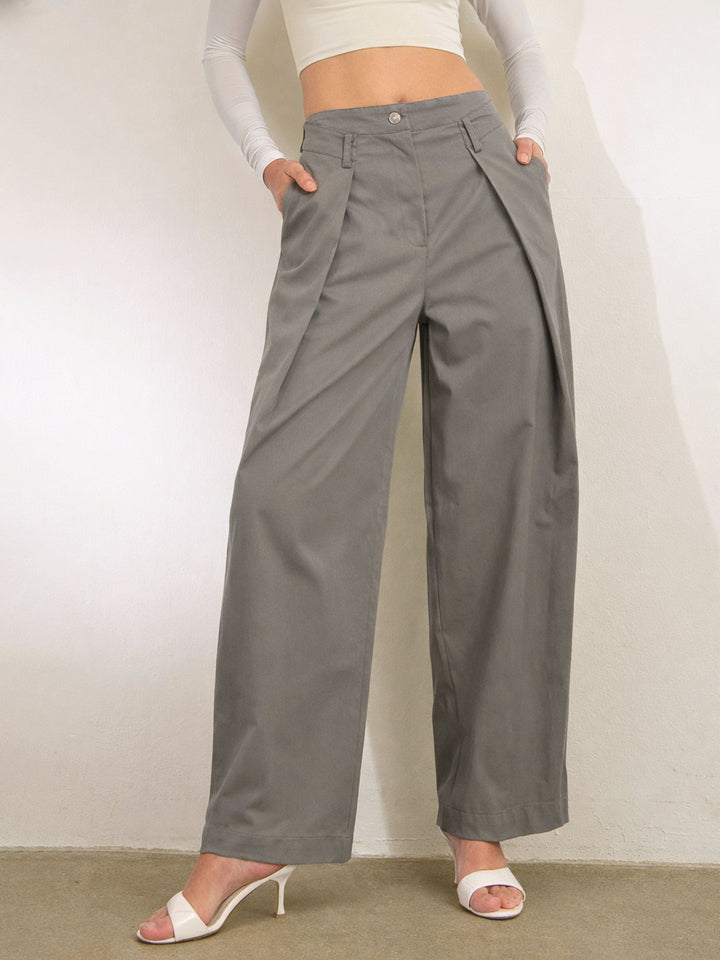 Women Grey Overlap Pleated Korean Pants