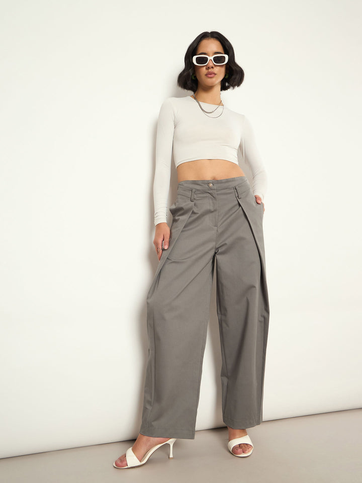 Women Grey Overlap Pleated Korean Pants