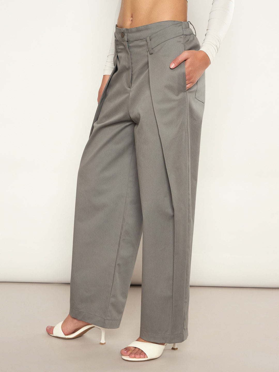 Women Grey Overlap Pleated Korean Pants