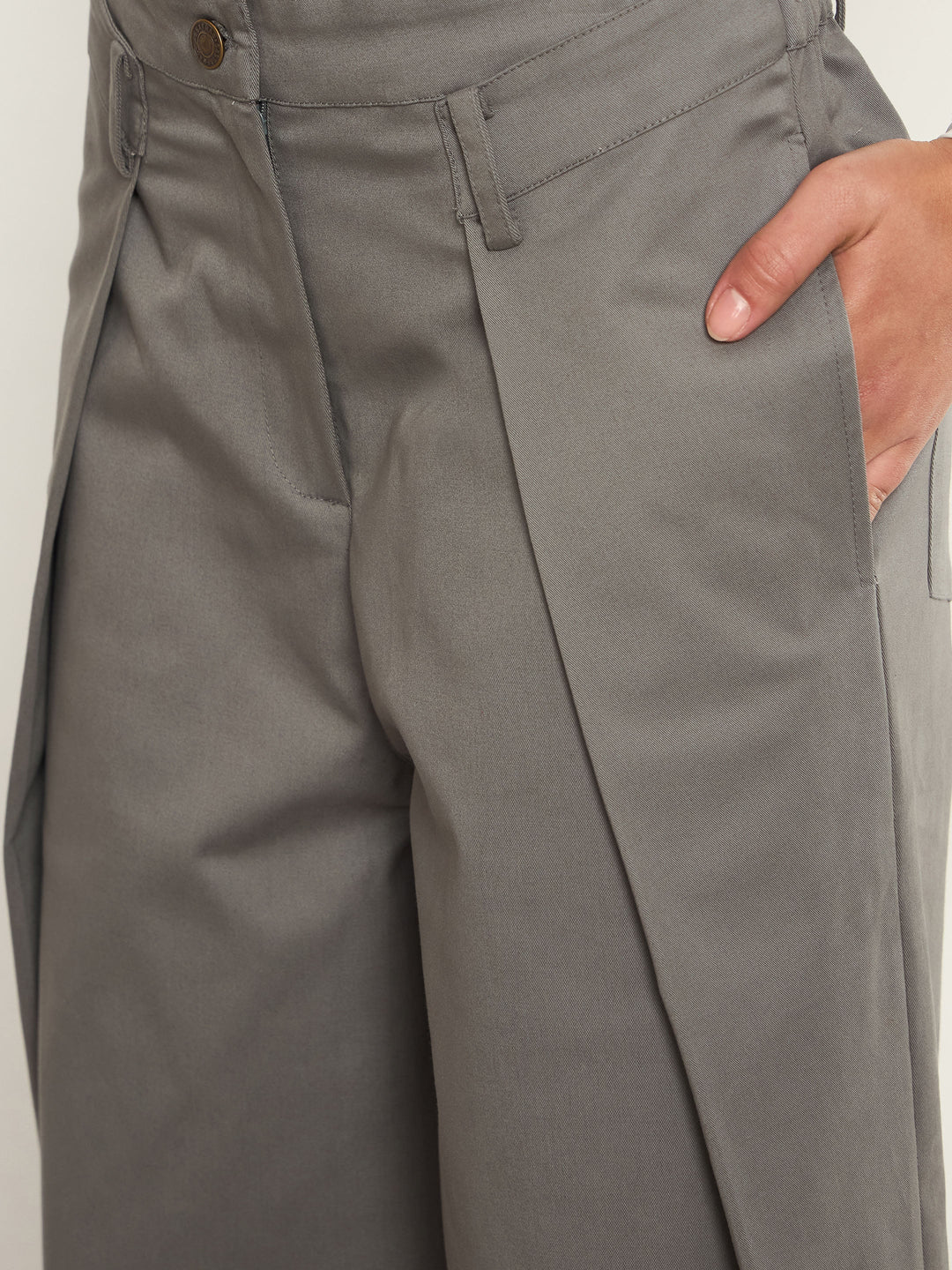 Women Grey Overlap Pleated Korean Pants