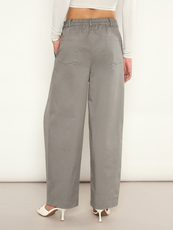 Women Grey Overlap Pleated Korean Pants