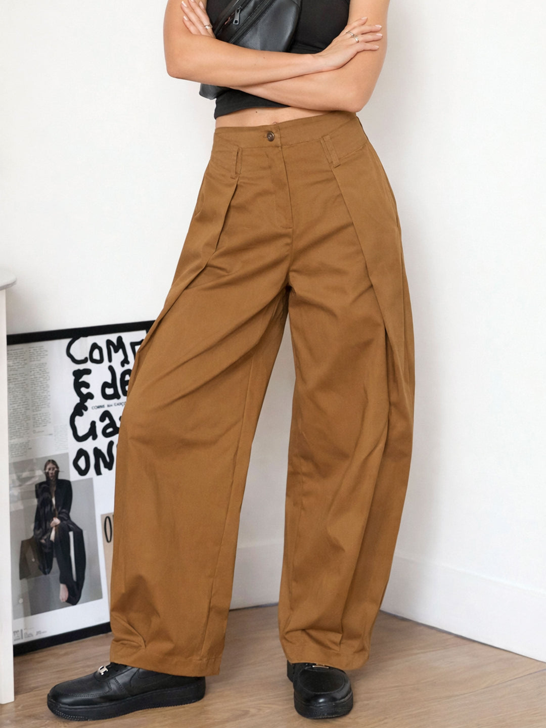 Women Brown Overlap Pleated Korean Pants