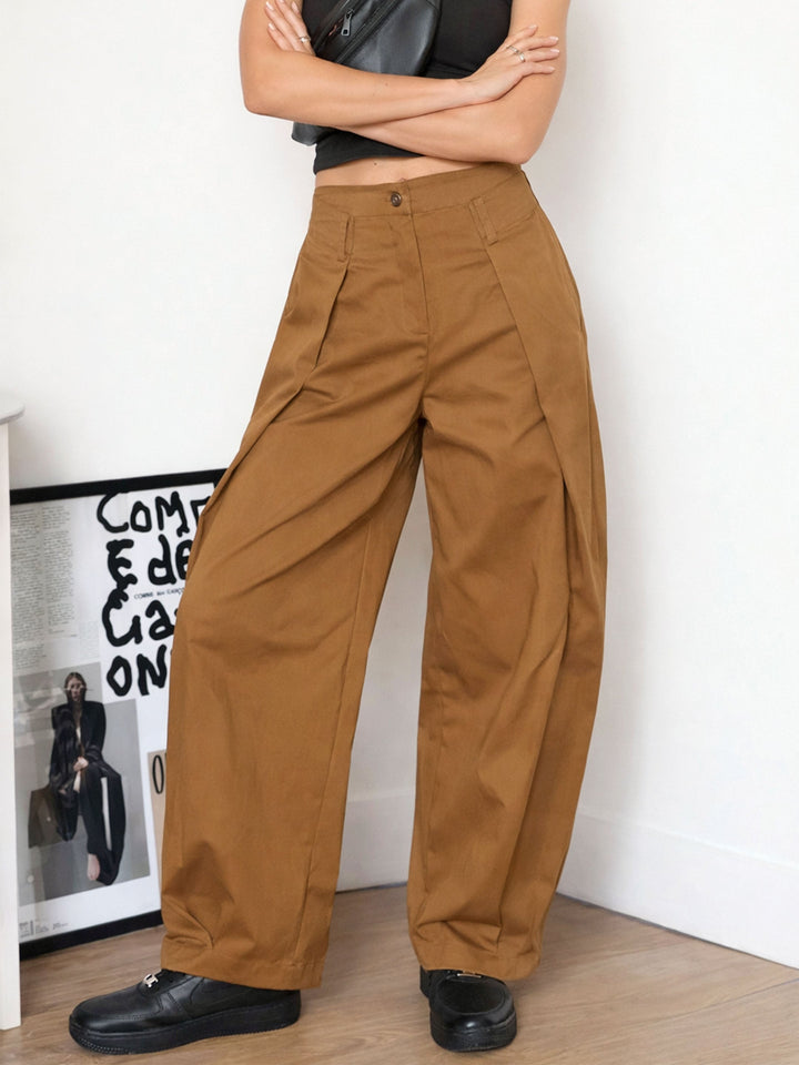 Women Brown Overlap Pleated Korean Pants