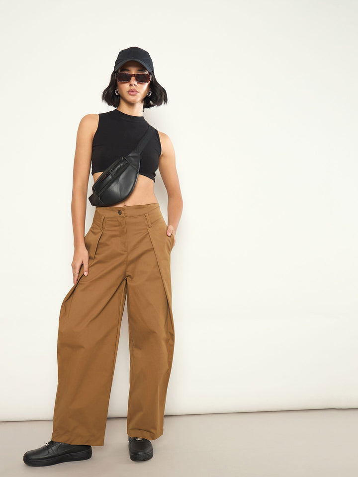 Women Brown Overlap Pleated Korean Pants
