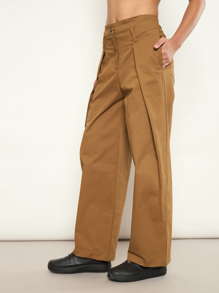 Women Brown Overlap Pleated Korean Pants
