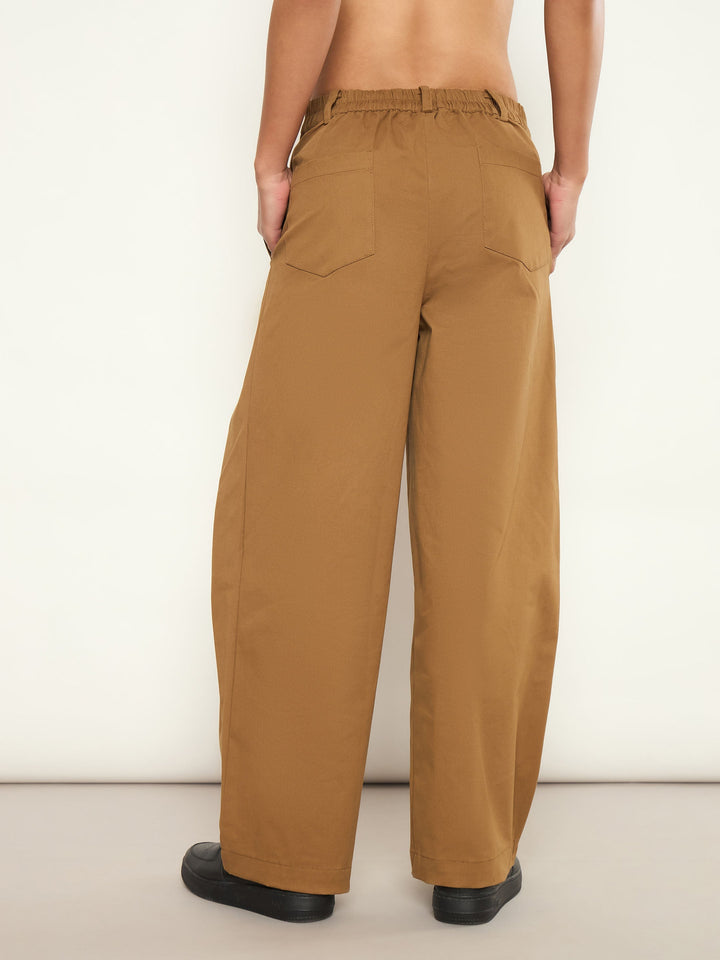Women Brown Overlap Pleated Korean Pants