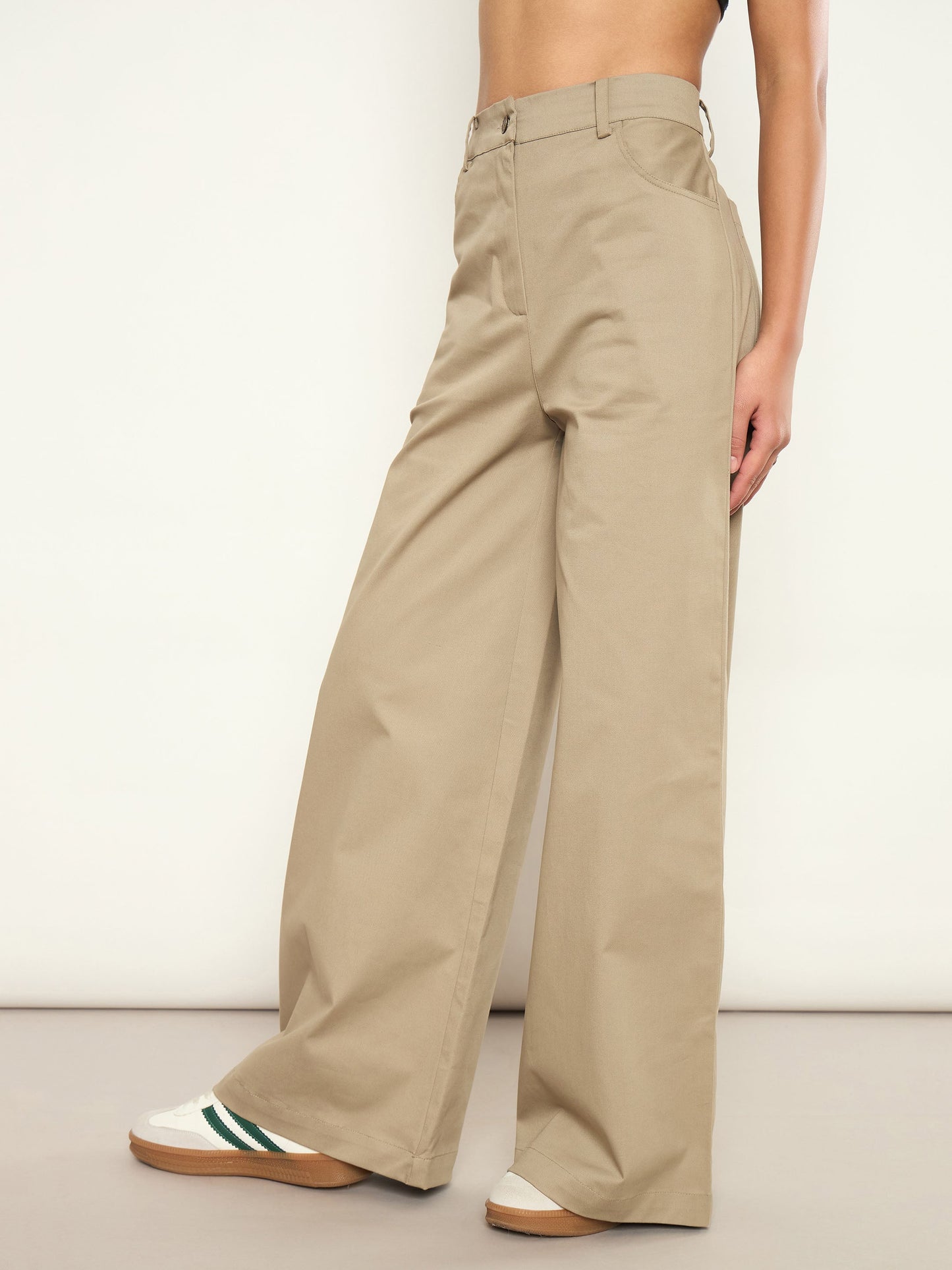 Women Beige Twill Straight Fit Pants