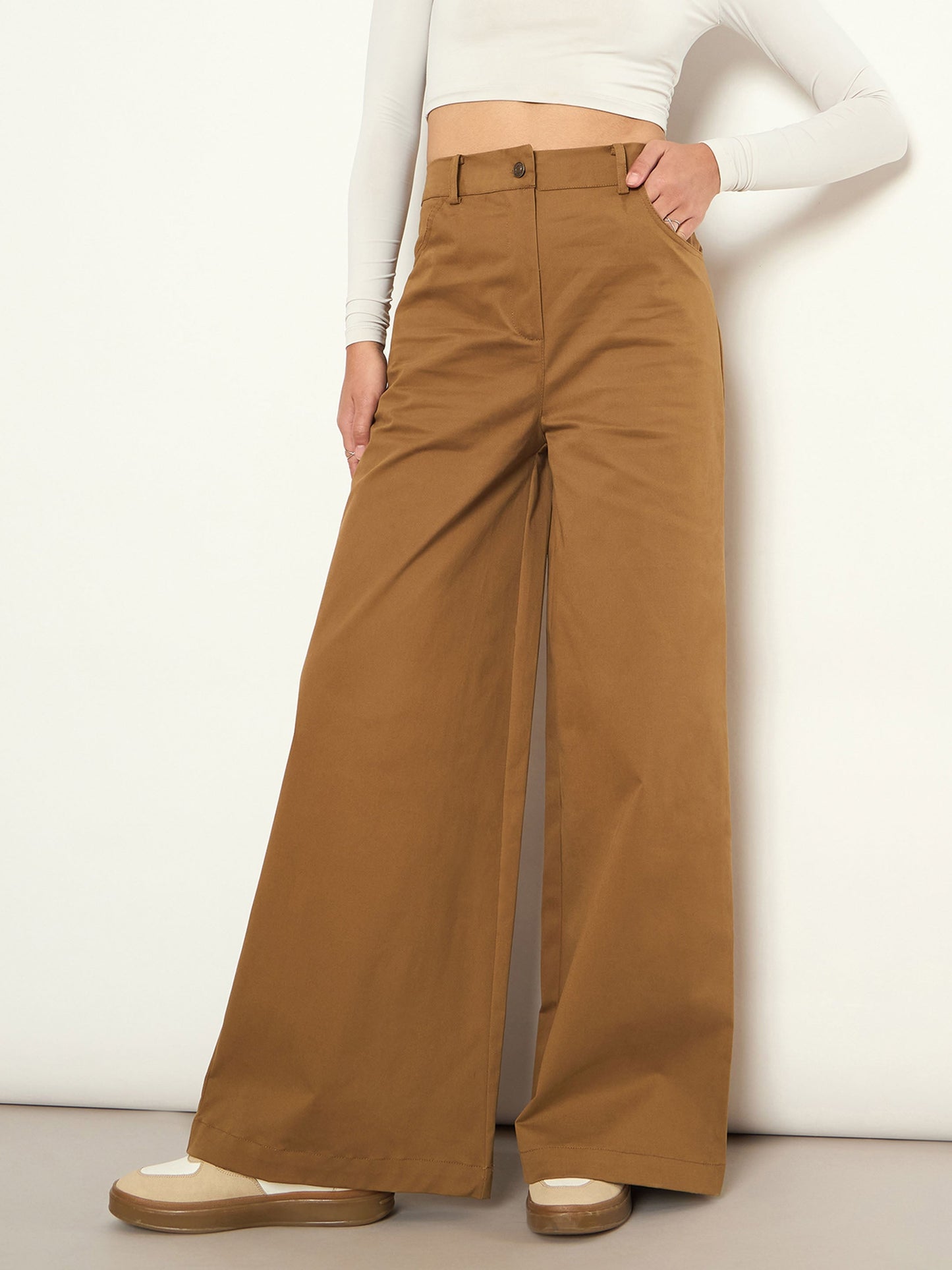 Women Brown Twill Straight Fit Pants