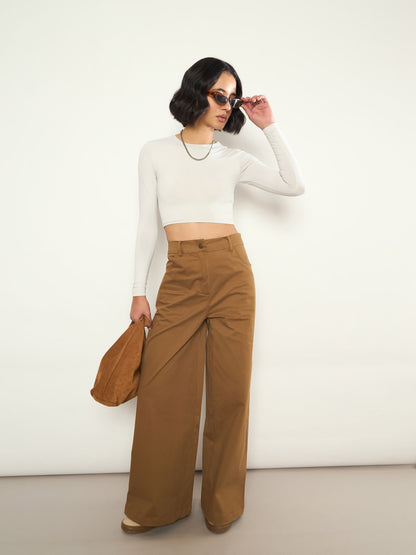Women Brown Twill Straight Fit Pants