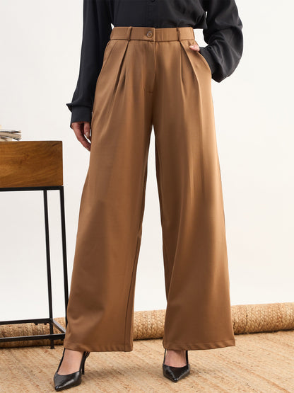 Women Tan Brown High-Rise Inverted Box Pleat Pants