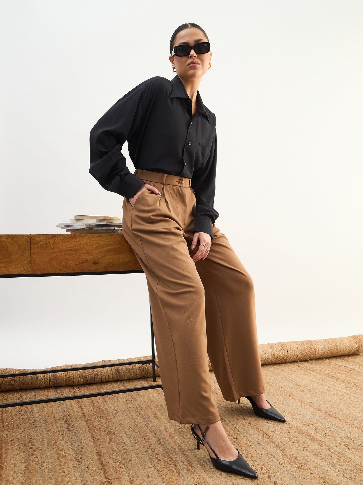Women Tan Brown High-Rise Inverted Box Pleat Pants