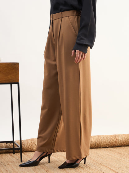 Women Tan Brown High-Rise Inverted Box Pleat Pants