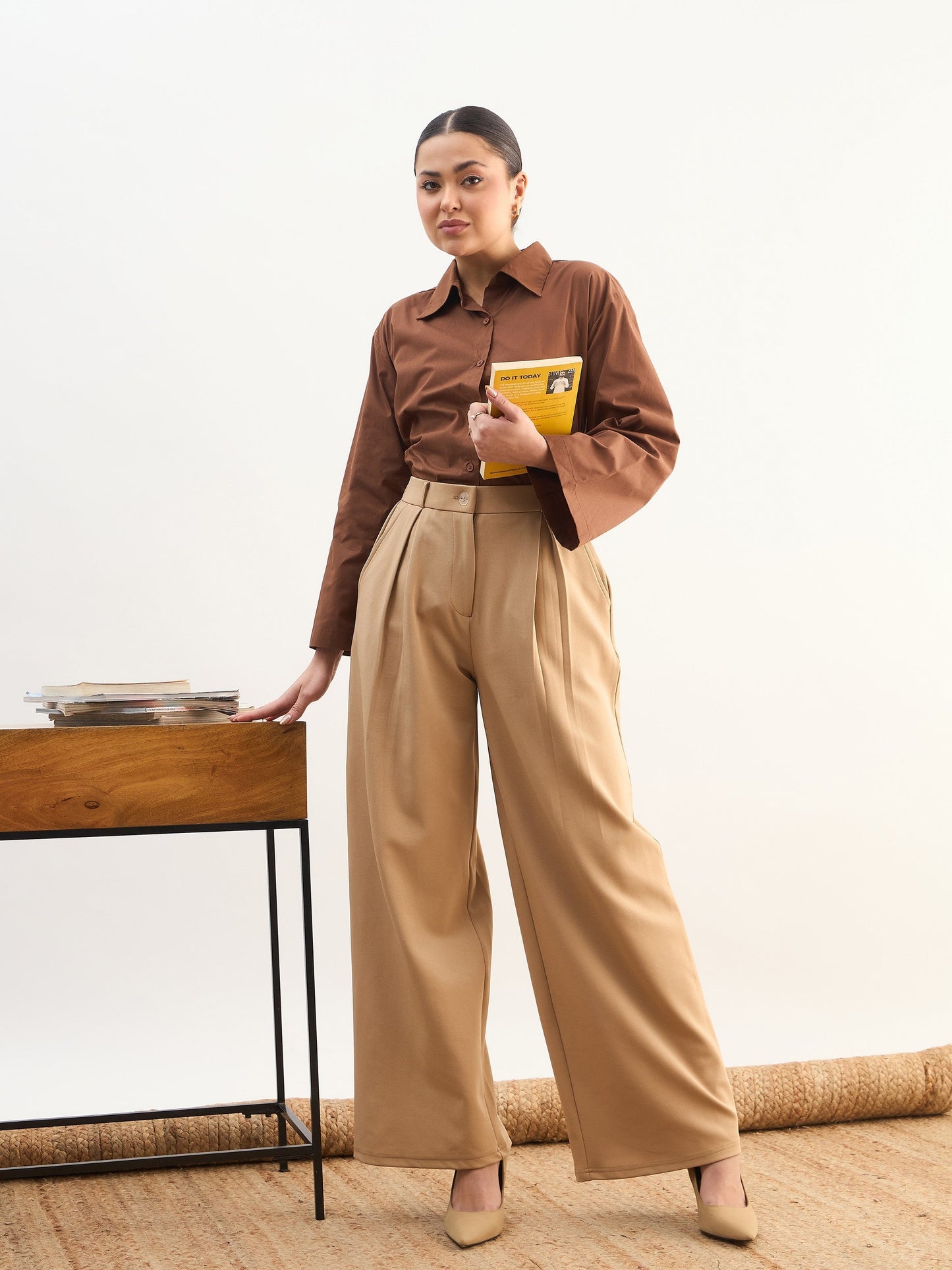 Women Beige High-Rise Inverted Box Pleat Pants