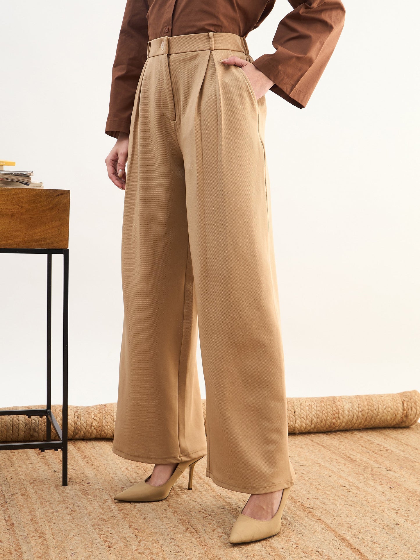 Women Beige High-Rise Inverted Box Pleat Pants