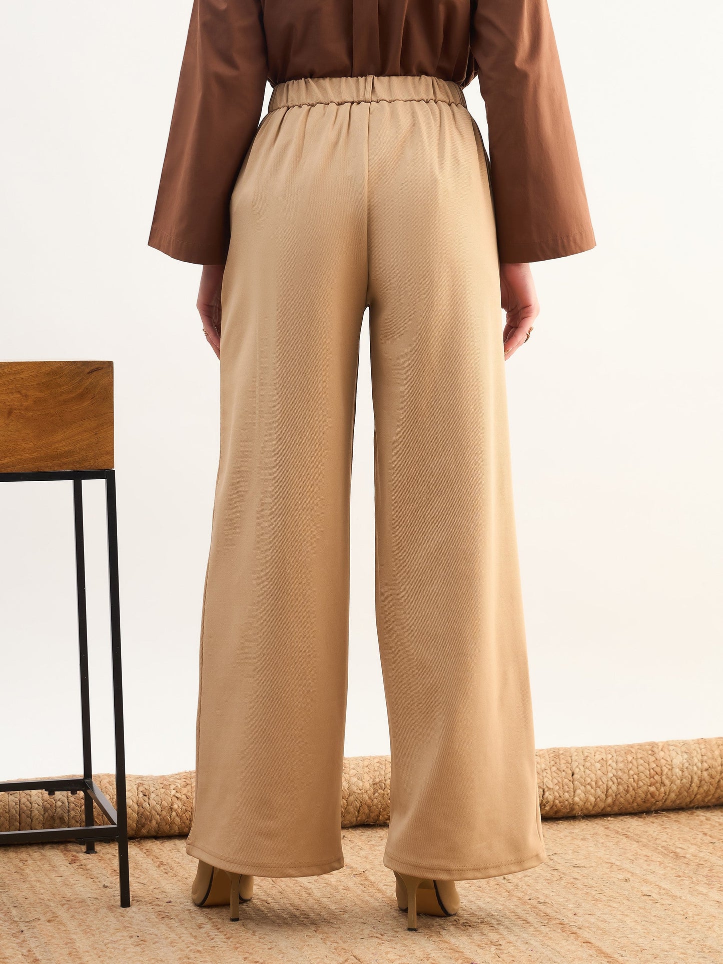 Women Beige High-Rise Inverted Box Pleat Pants