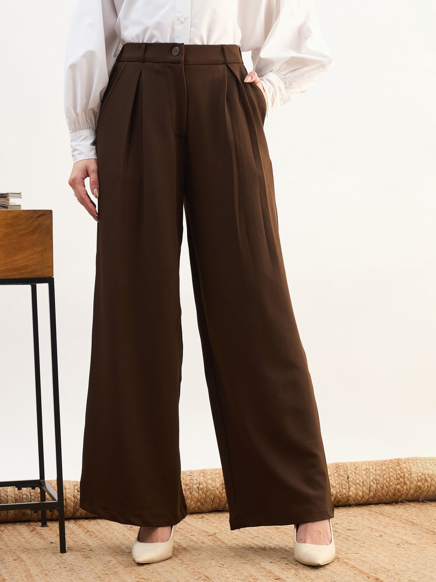 Women Coffee Brown High-Rise Inverted Box Pleat Pants