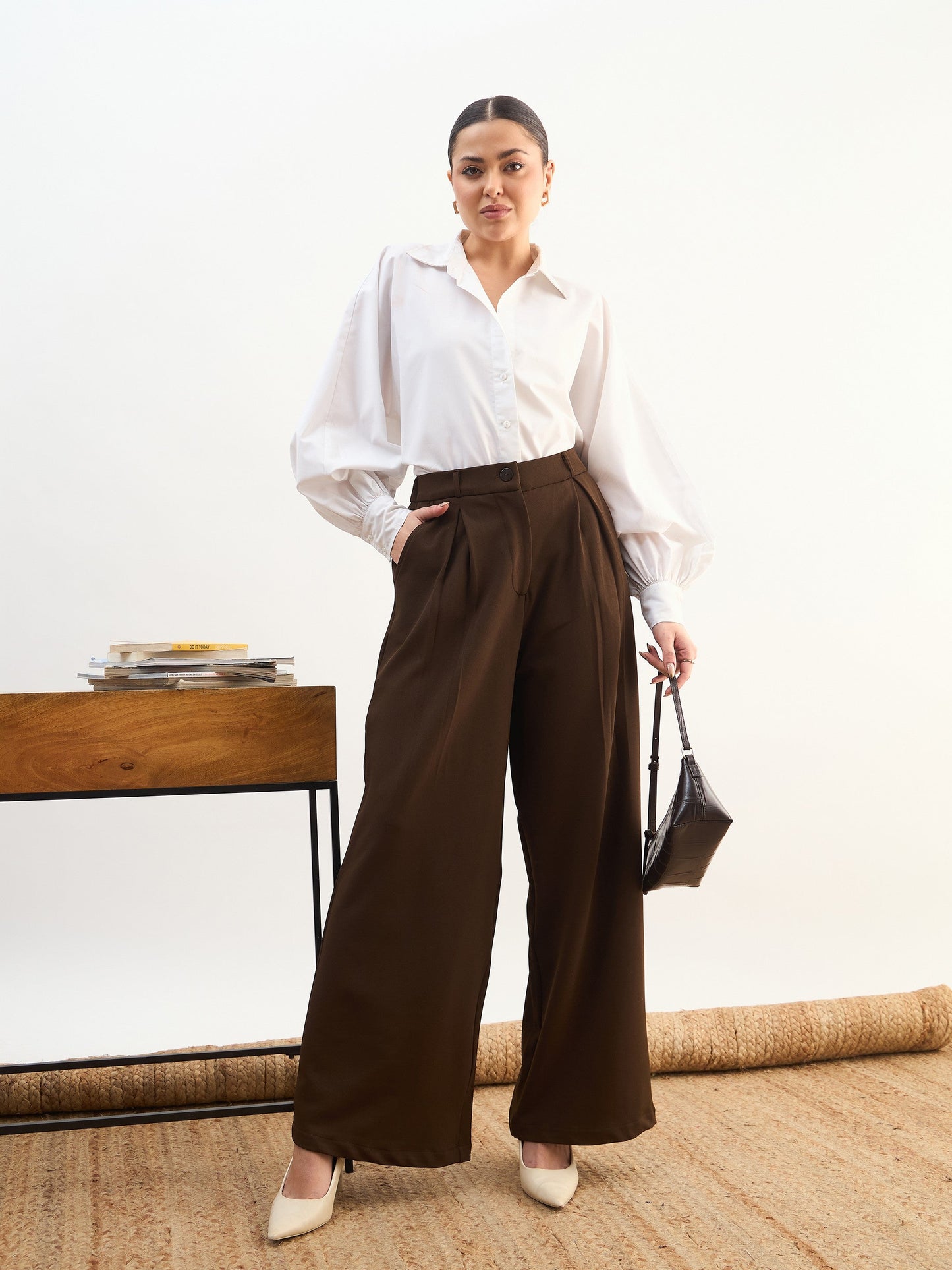Women Coffee Brown High-Rise Inverted Box Pleat Pants