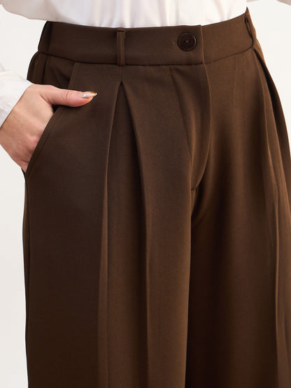 Women Coffee Brown High-Rise Inverted Box Pleat Pants