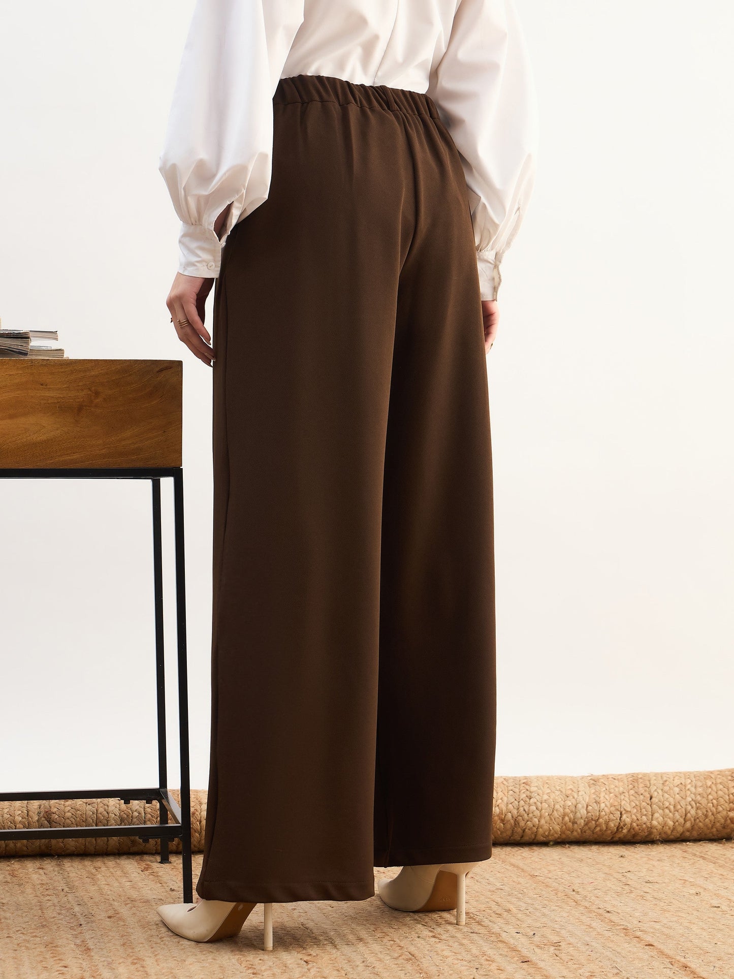 Women Coffee Brown High-Rise Inverted Box Pleat Pants
