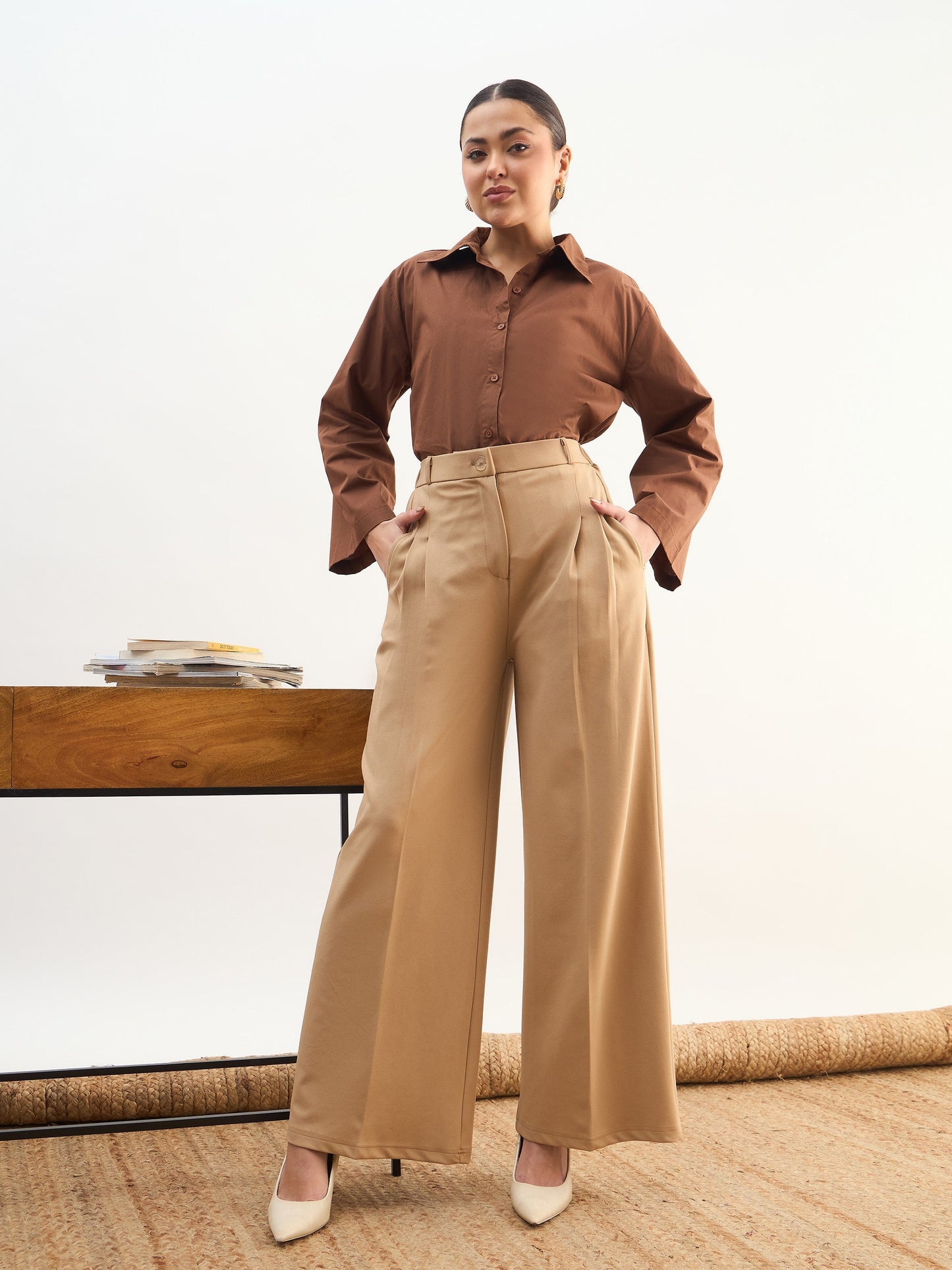 Beige Dual Dart Wide Leg Pants