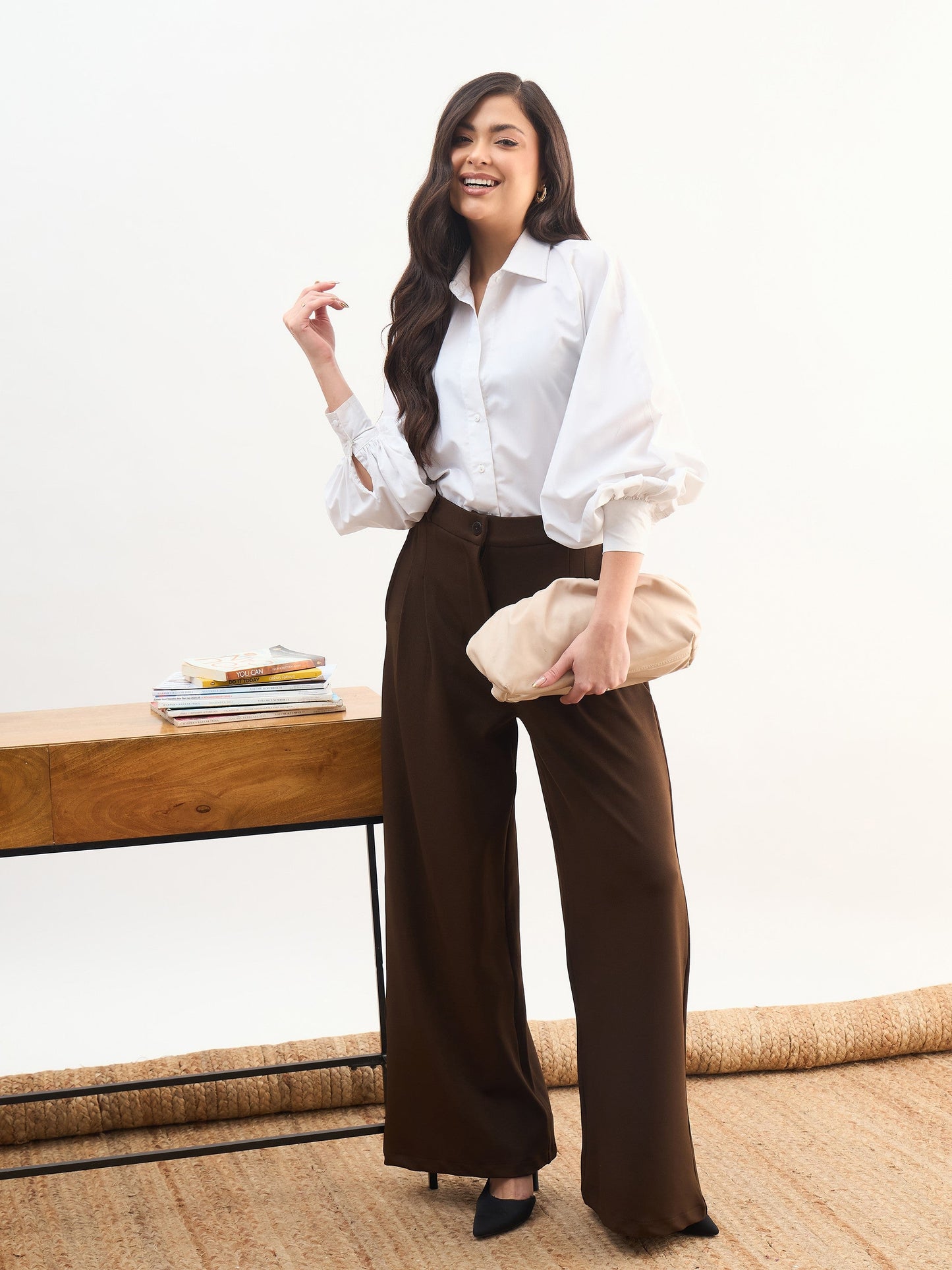 Women Coffee Brown Dual Dart Wide Leg Pants