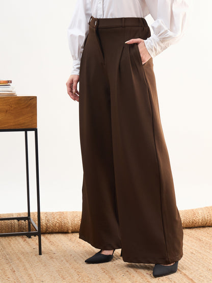 Women Coffee Brown Dual Dart Wide Leg Pants