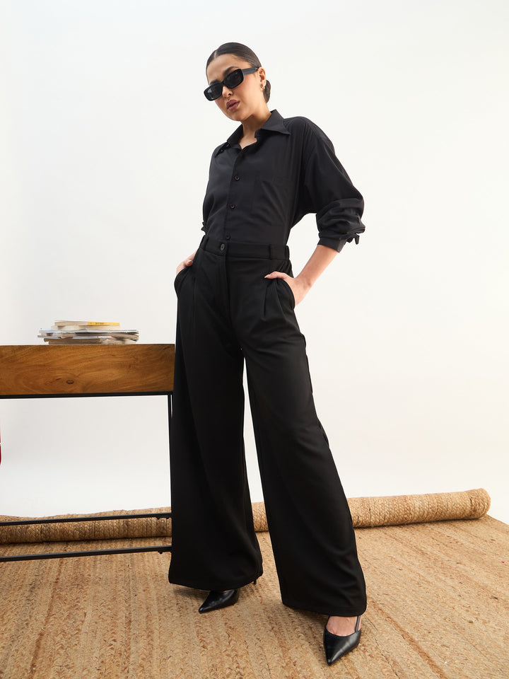 Women Black Dual Dart Wide Leg Pants