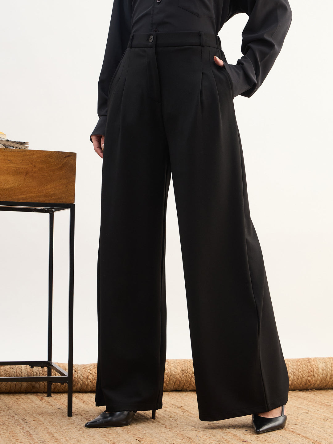 Women Black Dual Dart Wide Leg Pants