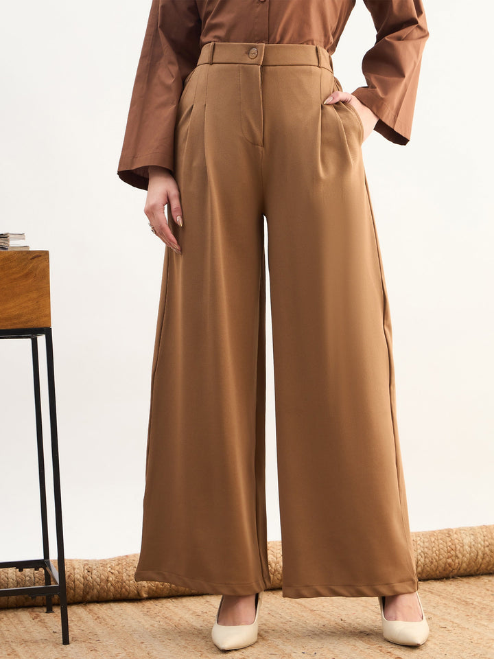 Women Tan Brown Dual Dart Wide Leg Pants