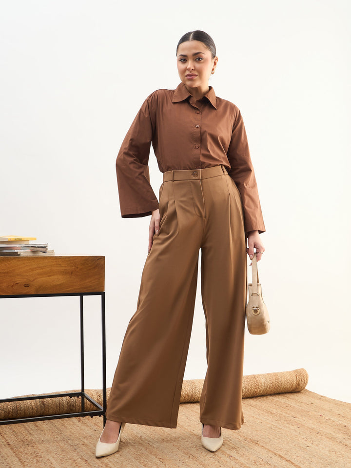 Women Tan Brown Dual Dart Wide Leg Pants