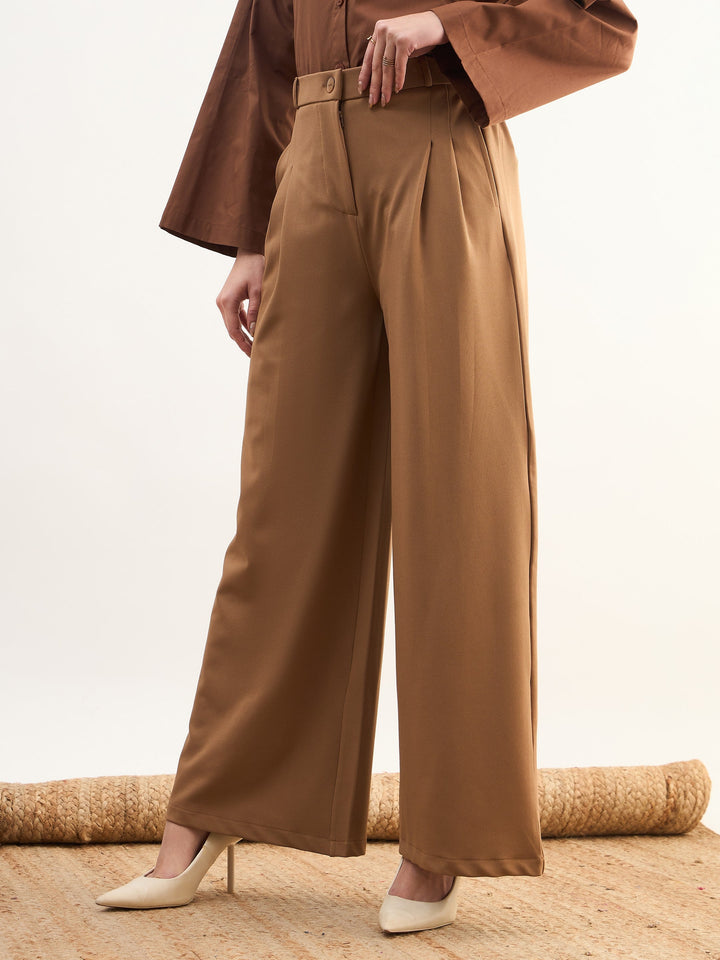 Women Tan Brown Dual Dart Wide Leg Pants
