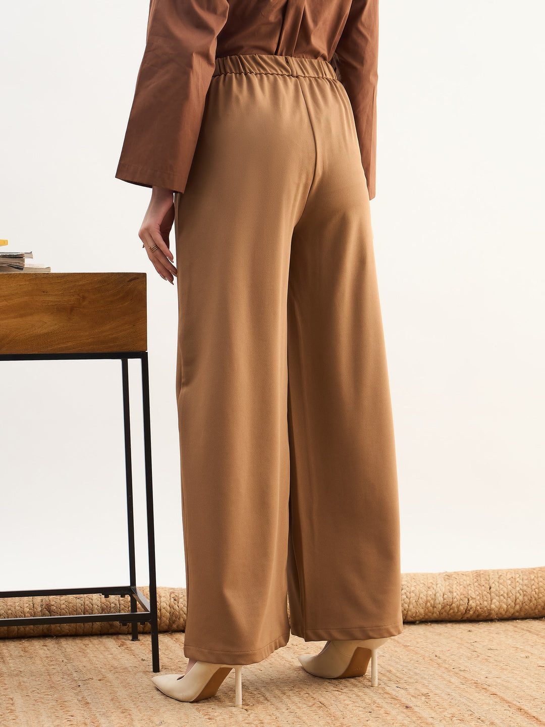 Women Tan Brown Dual Dart Wide Leg Pants